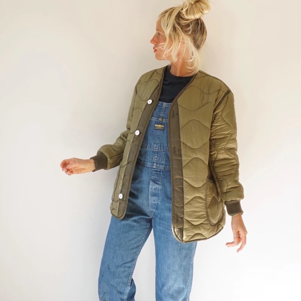 Vintage Military Quilted Liner Jacket Green Brown